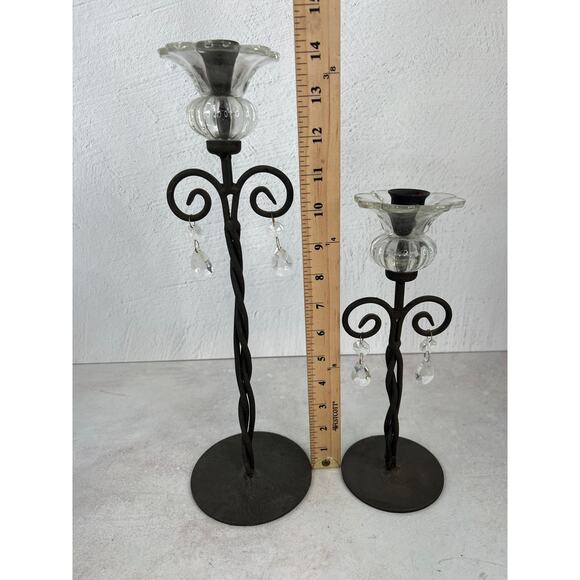 Wrought Iron Scroll Candle Holders Glass Ornate Decorative Pair - Picture 5 of 10
